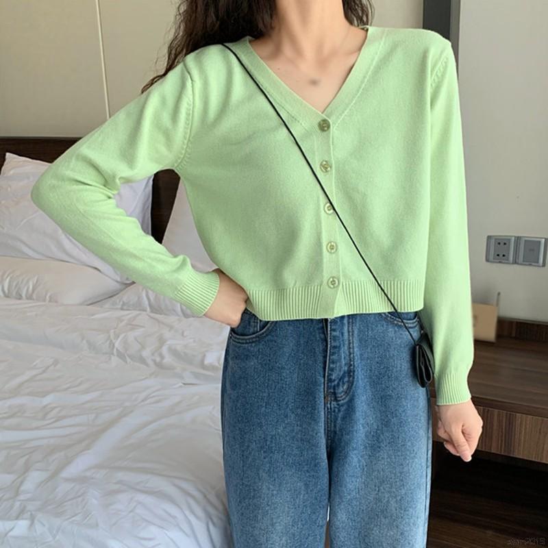 Áo Sweater Dệt Kim Tay Dài Thiết Kế Cổ Chữ V Màu Trơn Thanh Lịch