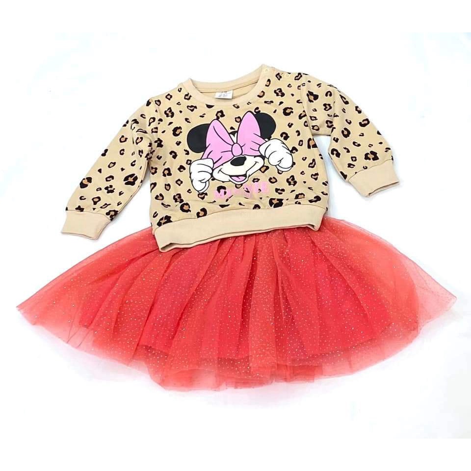Set bộ váy bé gái HM tay dài hoạ tiết minnie áo nĩ chân váy ren
