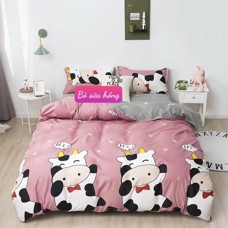 Ga Trải Giường 1M2X1M9 Vải cotton poly mềm mịn-mẫu bò hồng