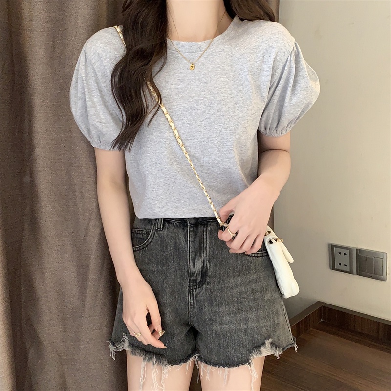 SUXI Áo Thun Tay Ngắn Phồng Màu Sắc Đơn Giản Thời Trang Mùa Hè