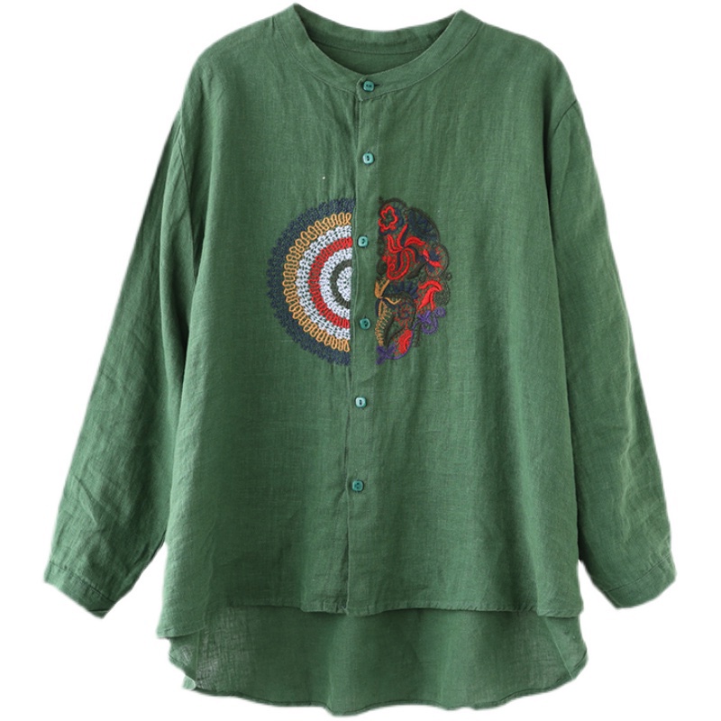 Ice cotton linen embroidery linen women's shirt long-sleeved blouse vintage a line brand counter cut label