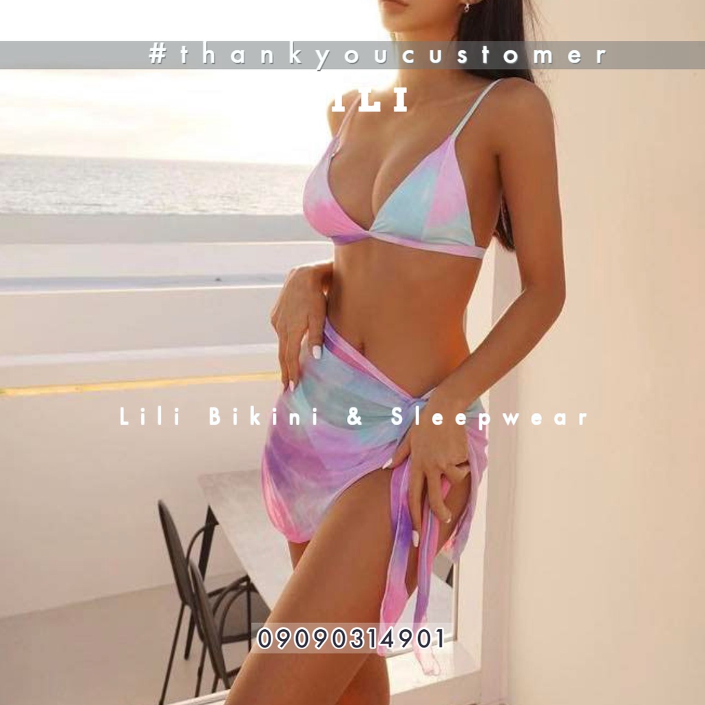 Bộ đồ bơi bikini ba mảnh kèm váy kín đáo màu loang cầu vồng siêu đẹp độc đáo thời trang Hàn Quốc