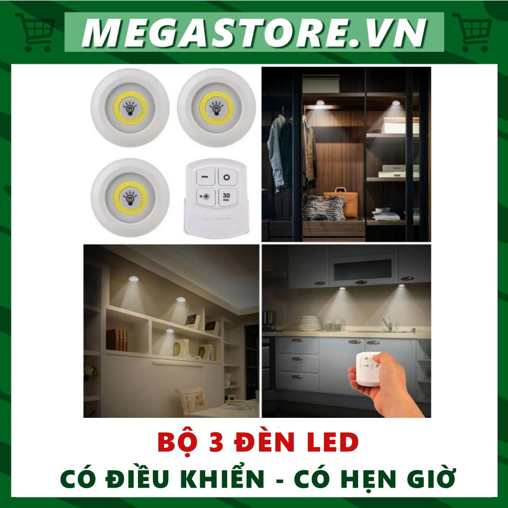 Bộ 3 Đèn LED Mini Gắn Tường Tủ, Có Điều Khiển Từ Xa, Có Chức Năng Hẹn Giờ Tắt Megastore