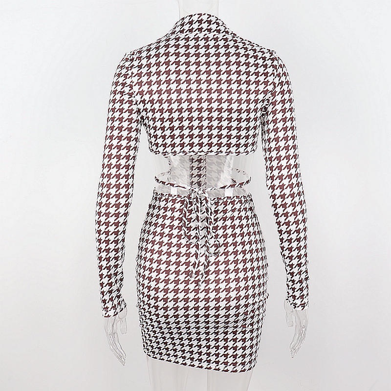 DUNEA Đầm cổ bẻ thắt dây in họa tiết houndstooth thời trang cho nữ