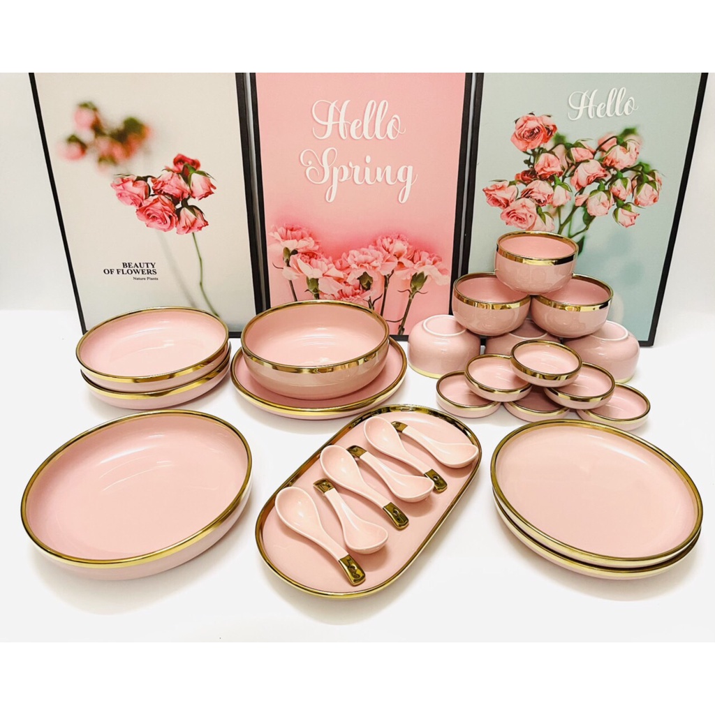 Full Bộ chén bát đĩa 26 món + Bộ dụng cụ nhà bếp sứ Hồng Pastel viền vàng phong cách Bắc Âu cao cấp