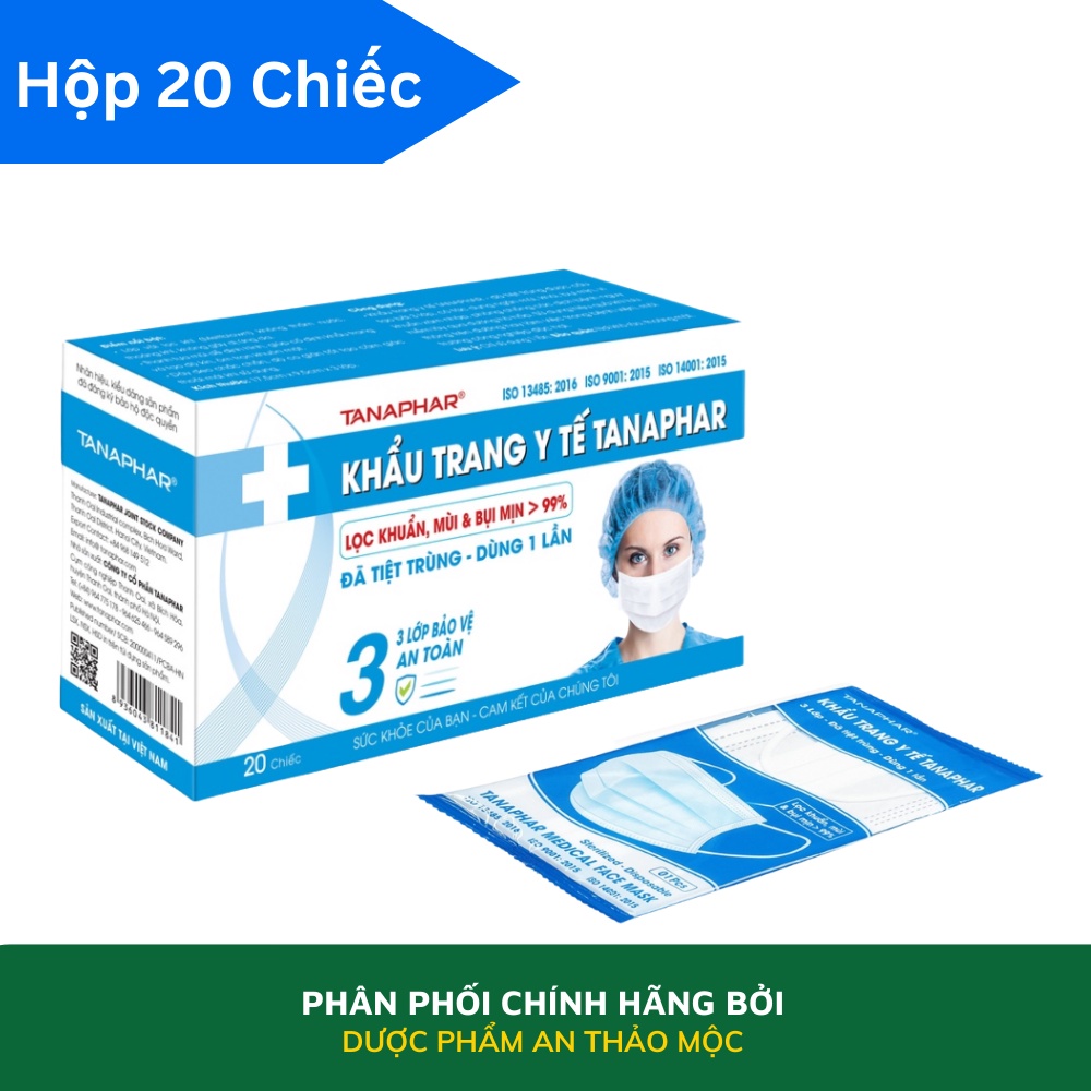 Khẩu trang y tế 3 lớp TANAPHAR không thấm nước không độc hại co giãn tốt lọc khí ngăn cản khói bụi hiệu quả