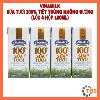 [VINAMILK-SỮA TƯƠI KHÔNG ĐƯỜNG] SỮA TƯƠI VINAMILK 100% TIỆT TRÙNG KHÔNG ĐƯỜNG, LỐC 4 HỘP 180ML