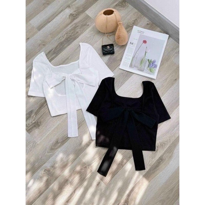 Áo Croptop Cổ Vuông Phối Nơ Lưng PEONYB Nữ [FREESHIP] 🌸 Thun kiểu body dáng ôm cộc tay bánh bèo tiểu thư Ulzzang 🌸 | BigBuy360 - bigbuy360.vn