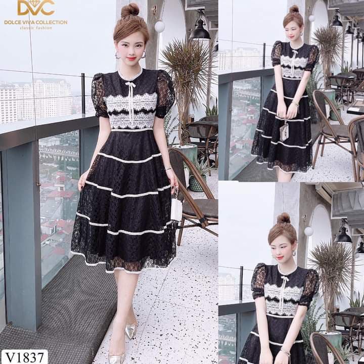 Đầm ren thiết kế dáng suông ngắn tay cổ tròn điệu đà V1837_Rinny Store [Kèm ảnh thật]