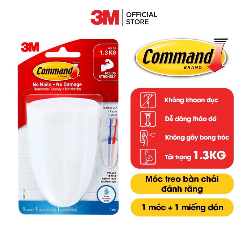 Khay đựng bàn chải đánh răng Command 3M chịu lực 1.3kg - Độ bền cao, bám cực chắc, tháo cực dễ, chống thấm nước BATH16