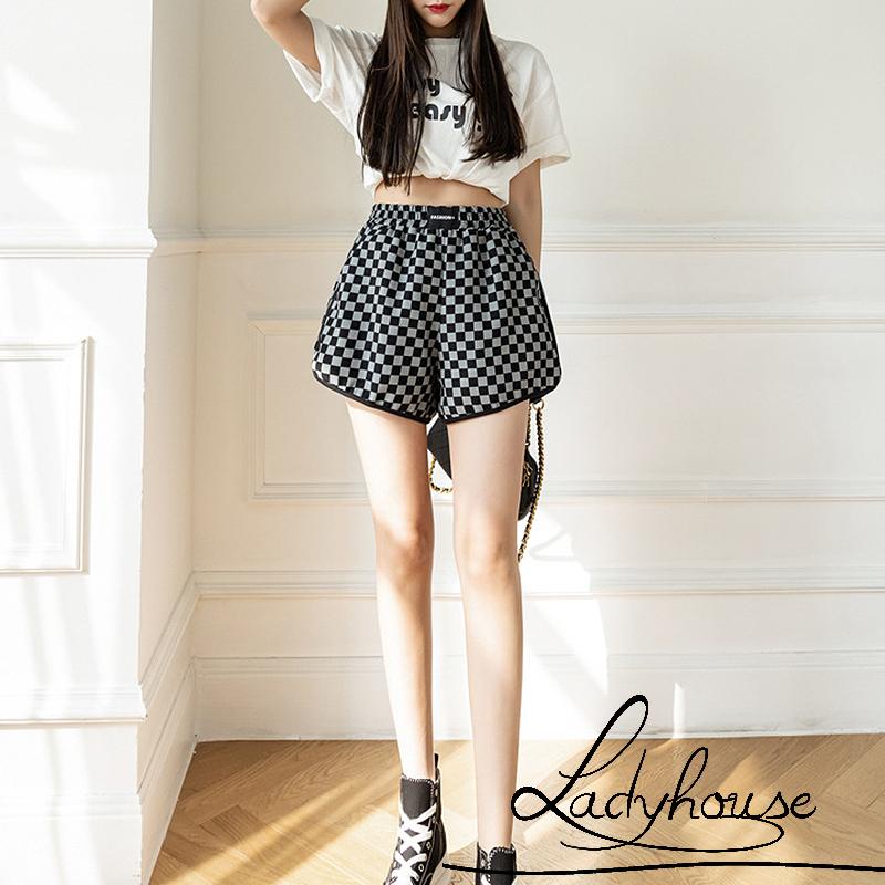 Ld-quần Short Thể Thao Eo Cao In Họa Tiết Kẻ Ô Hai Bên Có Túi Phong Cách Thể Thao Thời Trang Xuân Hè Dành Cho Nữ