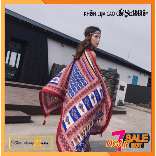 Khăn Boho Khăn Choàng Nữ Đi Biển Chống Nắng Khăn Thổ Cẩm Khăn Lụa Du Lịch Màu Xanh Cao Cấp Linh Tây 180*90