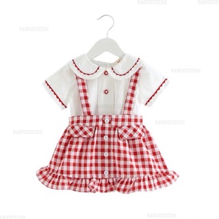 Set Váy Bé Gái Yếm Caro Đỏ Áo Sơ Mi Trắng