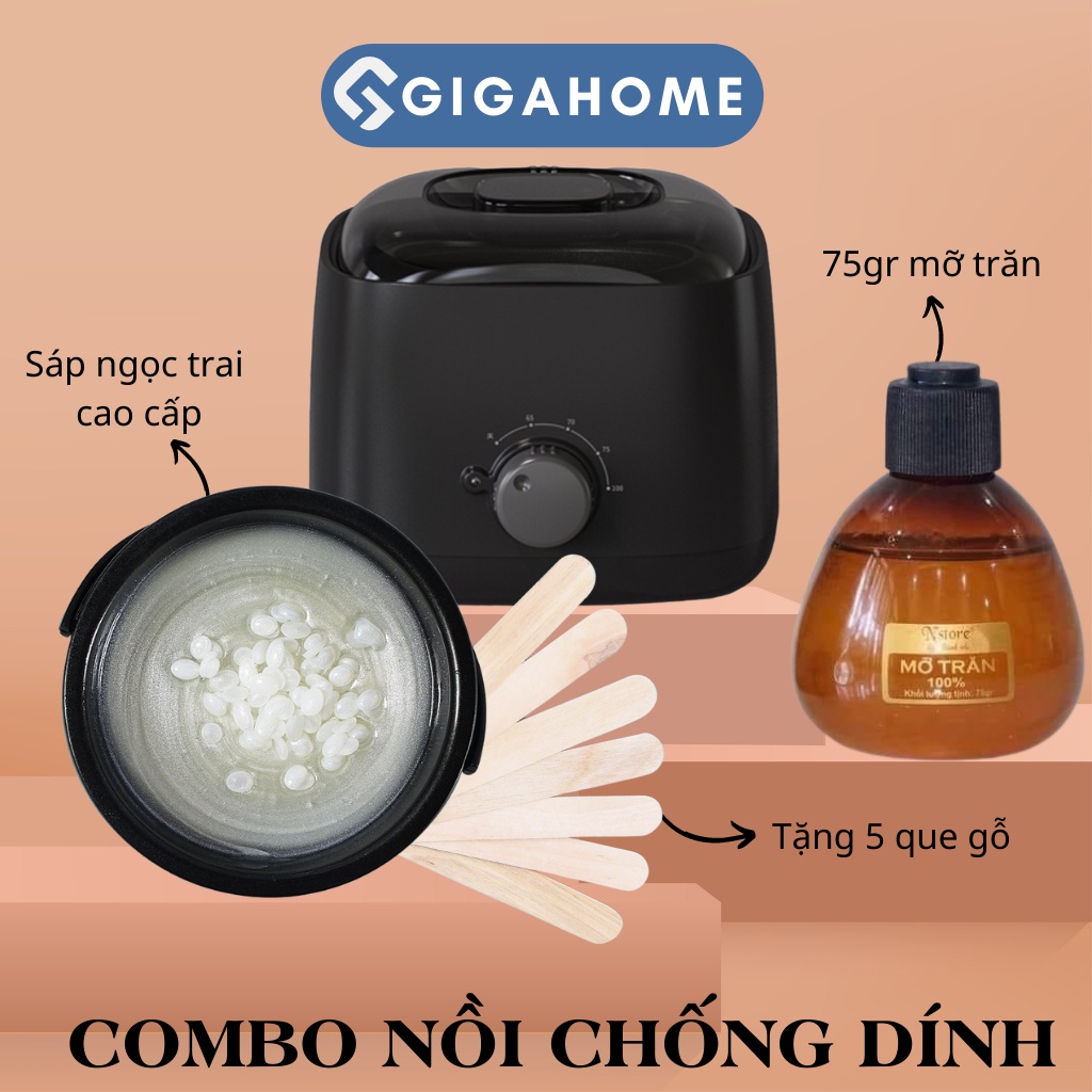 Combo Nồi Nấu Sáp Chống Dính Thế Hệ Mới + 100gr Sáp Cao Cấp + 75gr Mỡ Trăn + 5 Que Gỗ GIGAHOME