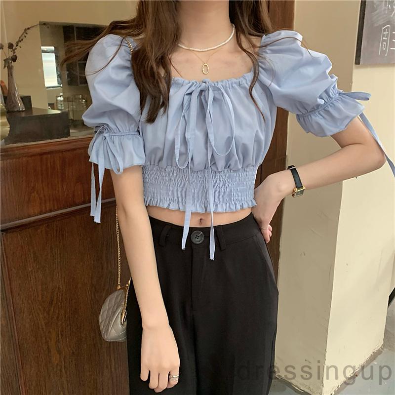 Áo Thun Tay Ngắn Phồng Ngắn Màu Trơn Có Dây Buộc Dành Cho Nữ