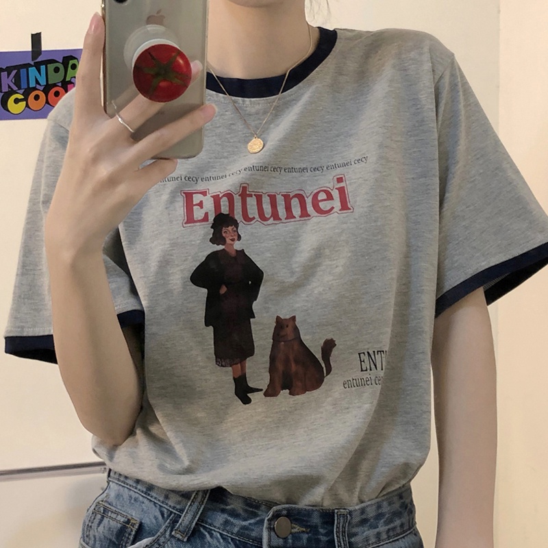 Áo thun SUXI tay ngắn cổ tròn dáng rộng họa tiết chữ thời trang mùa hè dành cho nữ