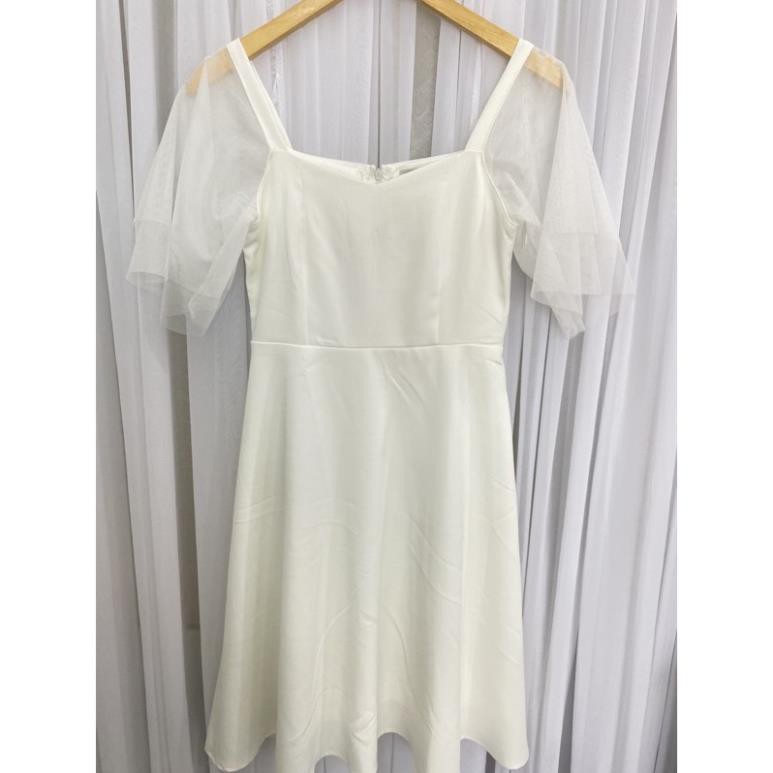 [vải loại xịn] Đầm nữ trắng dự tiệc dáng xòe phối tay lưới siêu xinh chất mềm mại vải may 2 lớp mã[LƯỚI TAY] Xinh