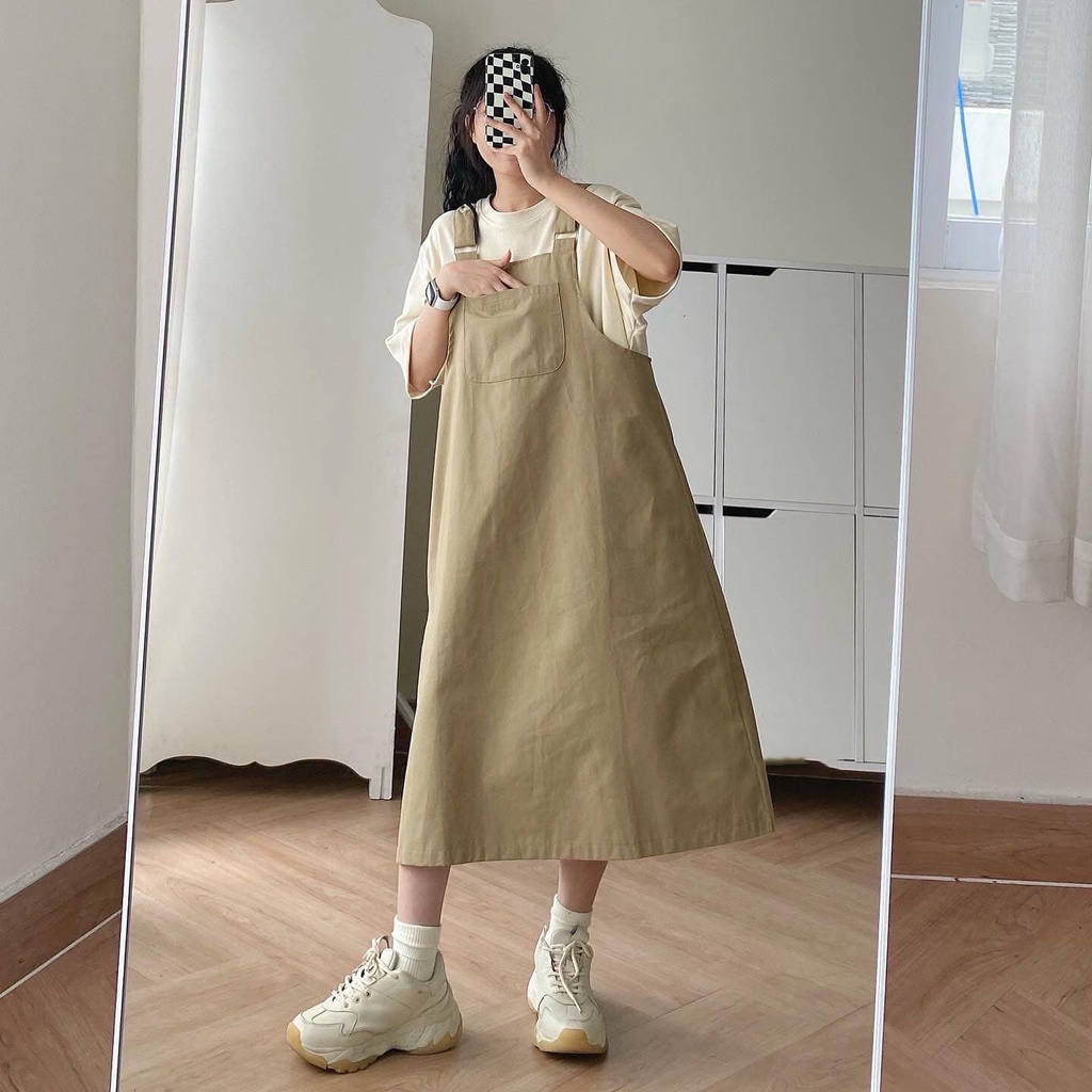 Yếm Váy Kaki Hàn Quốc Thiết Kế Basic 2 Dây Bản To Váy Yếm Dài From Rộng Dáng Suông BEGAI Có 2 Màu Nâu Và Be 7192