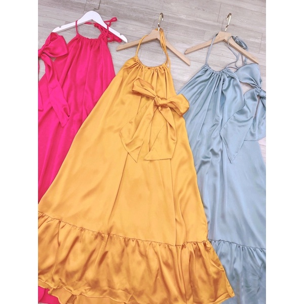 Váy maxi lụa cổ buộc dây xoè tầng thắt dây lưng siêu hot kèm cột tóc 3 màu đủ size S M L Huyen hip