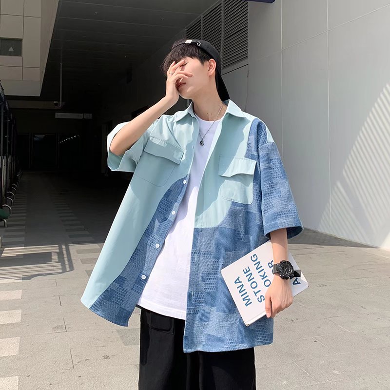 Áo sơ mi tay ngắn dáng rộng màu tương phản phong cách hồng kông cá tính cho nam  áo sơ mi nam bigsize unisex from rộng  màu xanh splice hàn quốc áo nam đẹp simple retro thời trang tình nhân