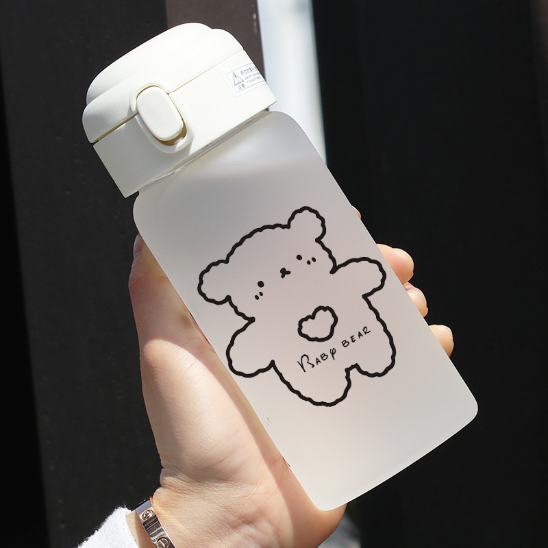 Bình Đựng Nước Bằng Thủy 450ml Tinh Mặt Nhám Chịu Nhiệt Có Ống Hút In Hình Cute Dễ Thương Cho Học Sinh