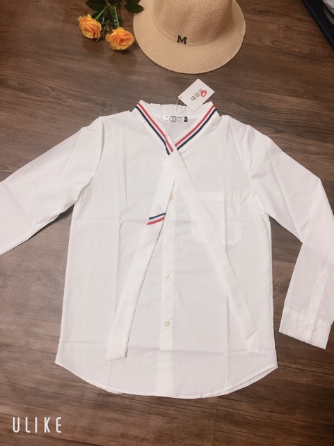 Xả - Áo sơ mi nơ cổ phối viền đỏ cho nữ