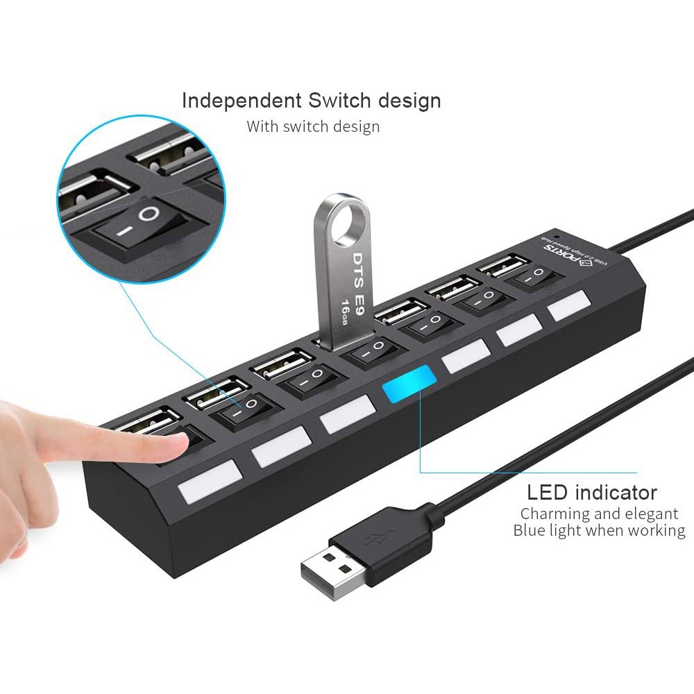 Hub USB 2.0 - BỘ CHIA 7 CỔNG USB HUB 2.0 CÓ CÔNG TẮC Hàng chính hãng