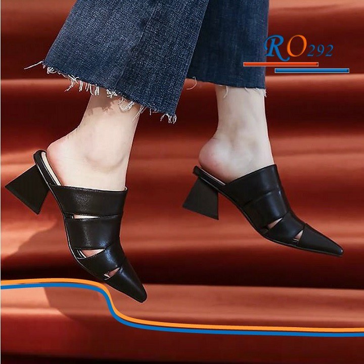 Dép nữ sandal cao gót 5p hàng hiệu rosata mũi nhọn hai màu đen kem ro292