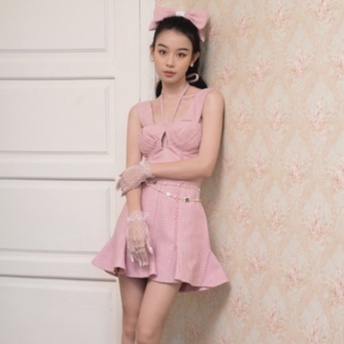 Váy cúp ngực dạ tweed hồng_Rosie_PLUMBUM