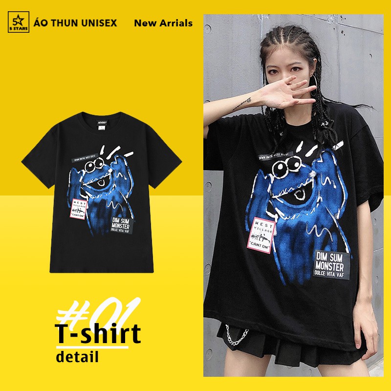 Vải Cotton Áo Thun Tay Lỡ Unisex Ghost Blue - Màu đen