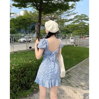 Đầm hoa xanh thắt nơ lưng