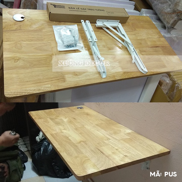 Bàn gập thông minh treo tường 50x80 - 50x100 gỗ tự nhiên nâu óc chó dầy 18mm tải 50-70kg