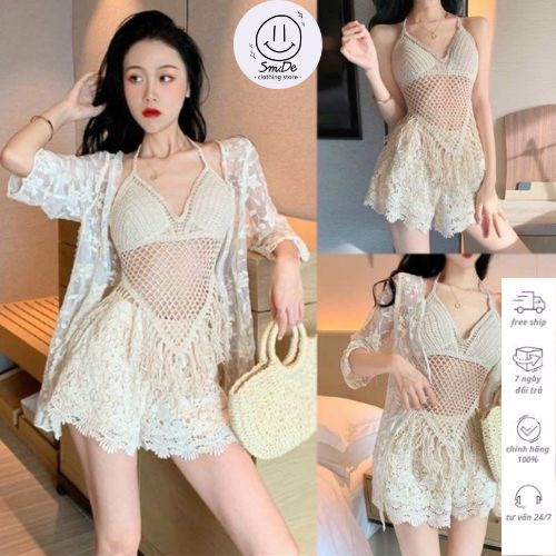 Set Ren Bikini Áo Dây Cột Cổ Phần Lưới Che Bụng Khoác Choàng Phù Hợp Dành Cho Các Nàng Đi Biển Kiểu 7 | Smide Clothing