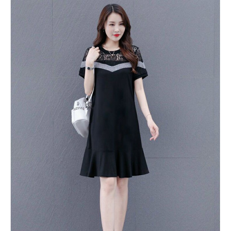 Hàng nhập - Đầm dáng suông vai ren đuôi cá, váy xuông thun lụa tay ngắn