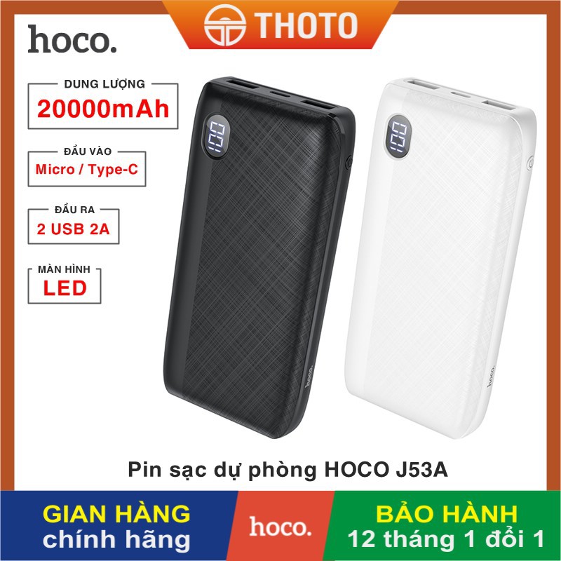 Pin sạc dự phòng di động HOCO J53A dung lượng cao 20000mAh, đầu ra 2 cổng USB 2A, màn hình LED - Hàng chính hãng