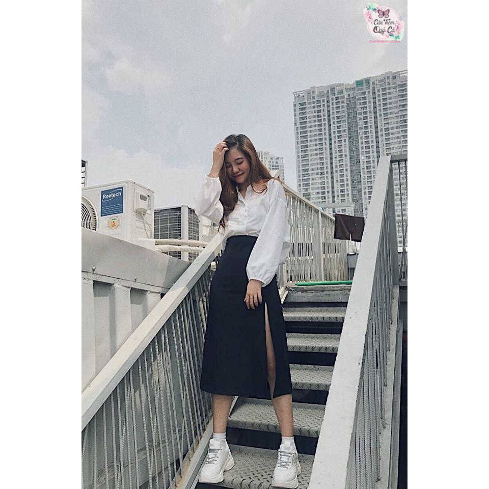 CHÂN VÁY MIDI SKIRT ĐEN TRƠN XẺ TÀ - HÌNH CHỤP THẬT | BigBuy360 - bigbuy360.vn
