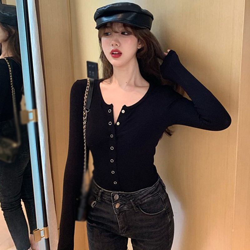 Áo thun tay dài cổ chữ V thời trang cho nữ