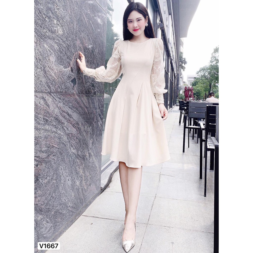 Đầm thiết kế DVC cực sang chảnh, váy dáng xòe cao cấp màu kem,sammi shop