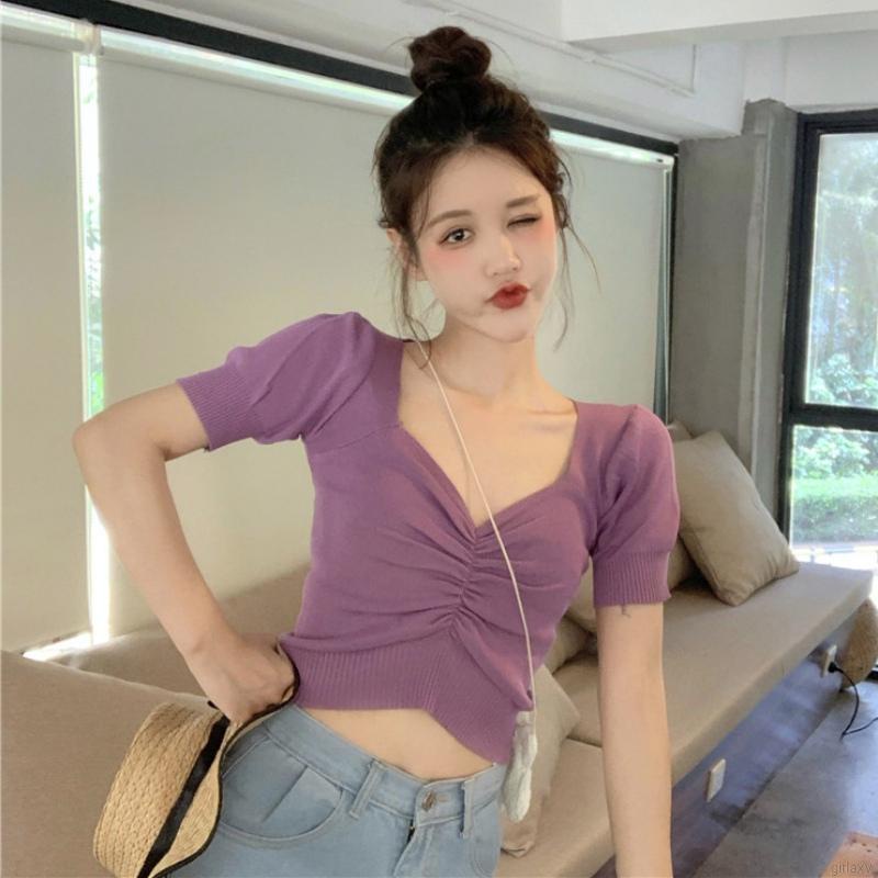 Áo croptop dệt kim tay ngắn màu sắc đơn giản phong cách hàn quốc cho nữ