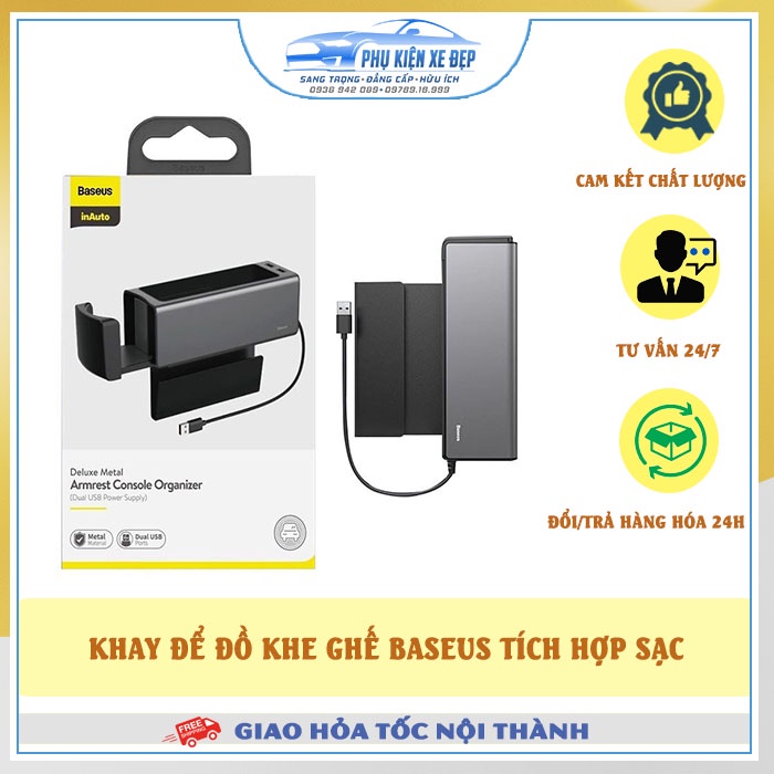 Khay để đồ khe ghế ô tô ⚡FREESHIP⚡Baseus đa năng có sạc USB - khe đề đồ có ổ cắm USB, sạc điện thoại