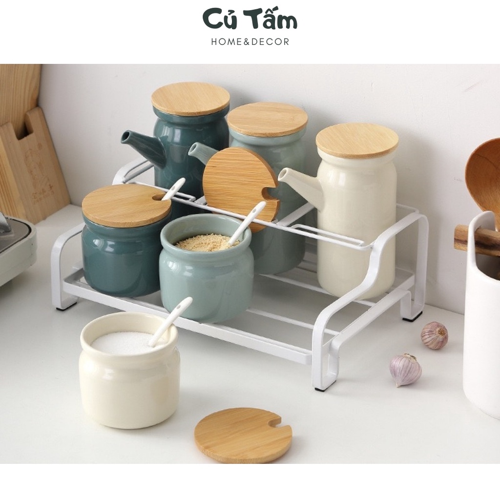 Kệ để gia vị, hủ gia vị và chai đựng dầu kèm kệ để gia vị cao cấp (set 6) - cutam.homedecor