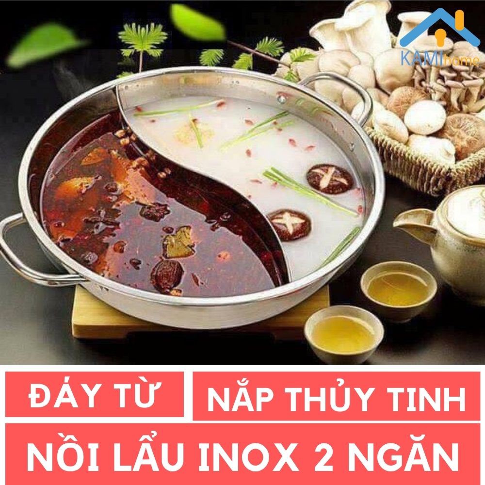 Nồi lẩu 2 ngăn Đáy từ Nắp kính chất liệu Inox cao cấp mã 20058 KMVN