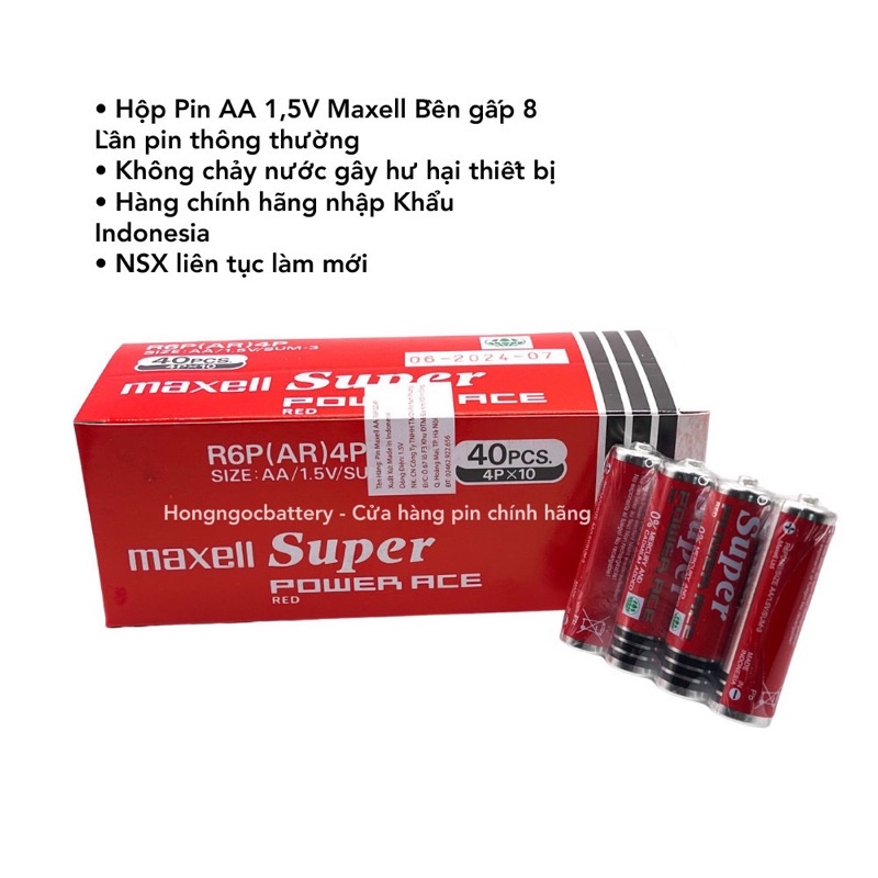 Nguyên hộp 40 viên pin tiểu Maxell AA Siêu bền- Nhập khẩu Indonesia- Cho remote tivi, máy lạnh, đồ chơi trẻ em