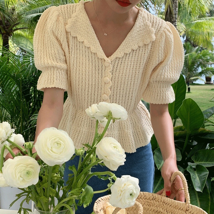 Áo dệt kim SUXI tay phồng ngắn màu trơn thanh lịch cho nữ