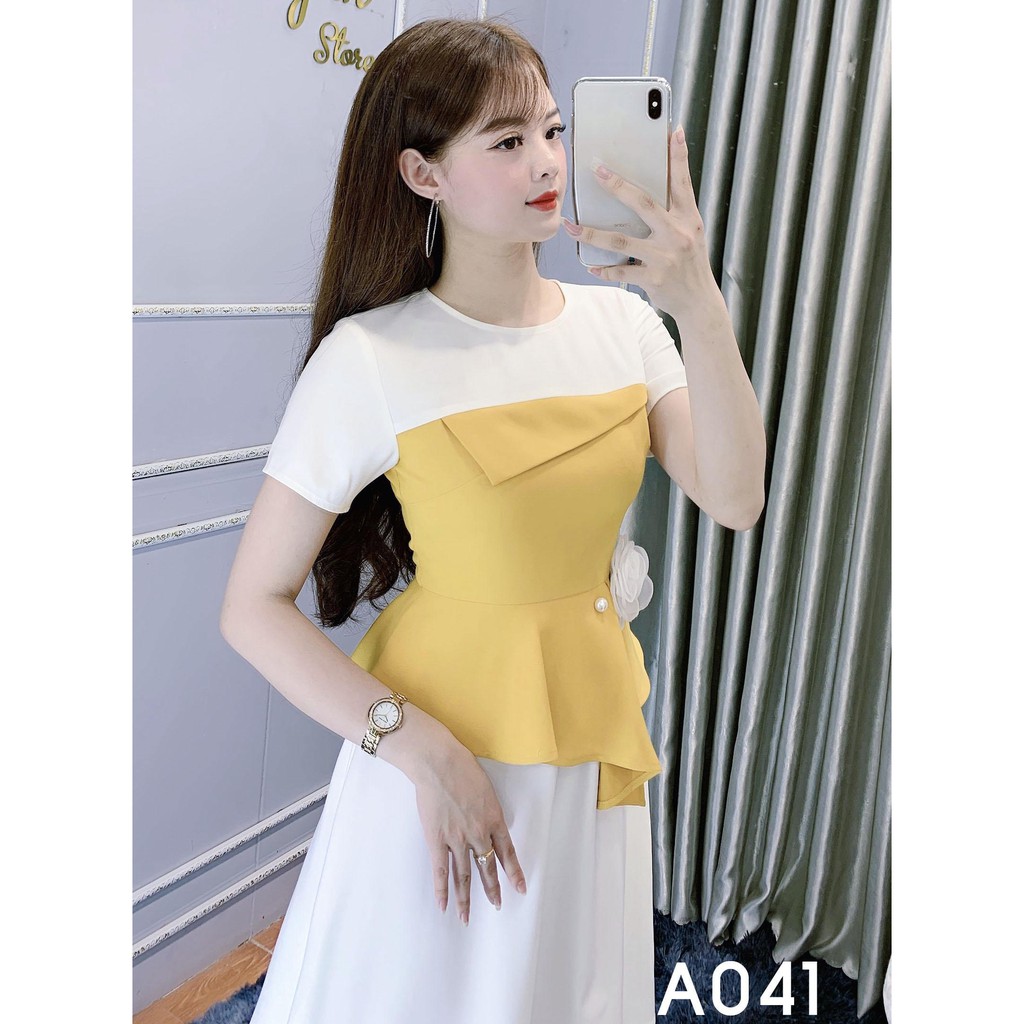 [Đồng giá 269k] Đầm Công Sở Dáng Xòe Eo Ôm Đính Hoa - She Loves A041 Màu Vàng Phối Trắng