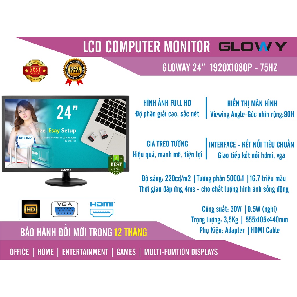 Màn hình 24in Gloway GL24 - Độ phân giải Full HD - Chính hãng - BH 24 Tháng