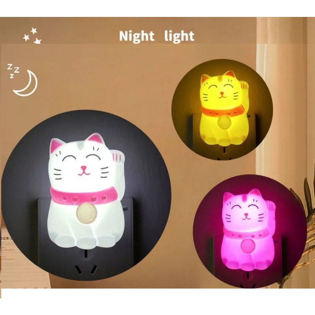 Đèn Ngủ Trang Trí Mèo Thần Tài Vẫy Tay Dễ Thương 3 Màu Cắm Điện Bóng Led - Đèn Ngủ Treo Tường