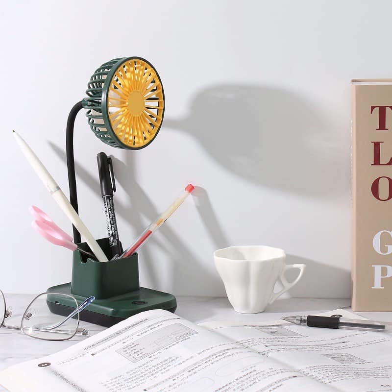 Quạt Tích Điện Mini Để Bàn 3 In 1 Có Hộp Đựng Bút và Kệ Để Điện Thoại Vô Cùng Tiện Ích
