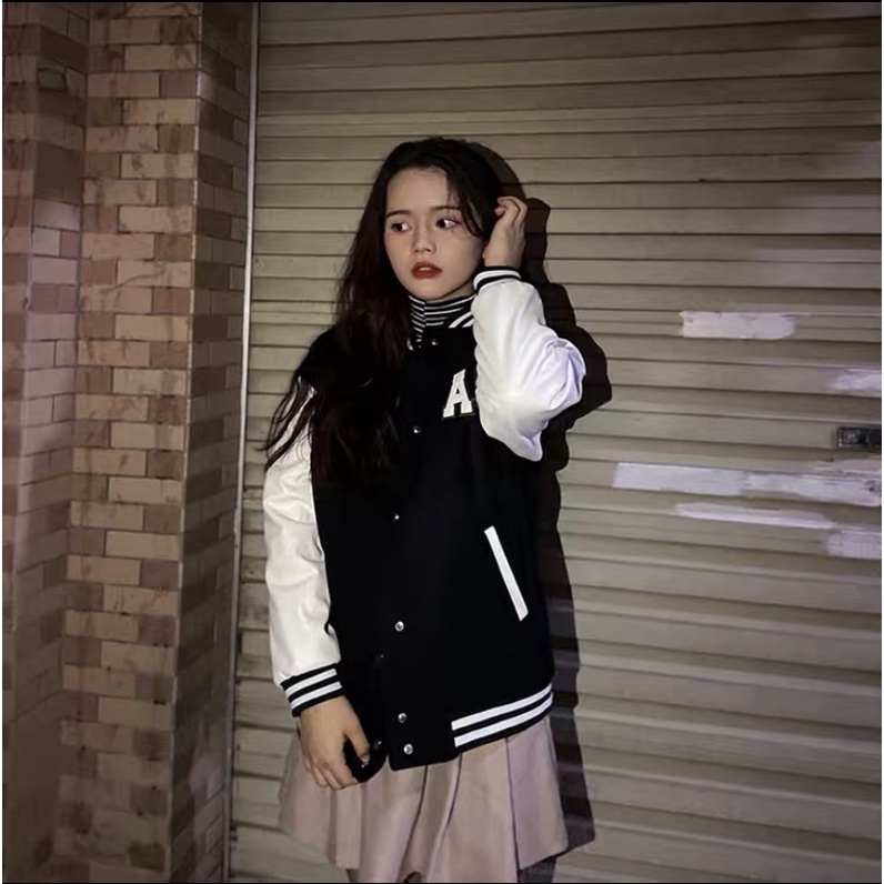 Áo khoác Bomber,  Áo khoác varsity jacket, Áo khoác bóng chày thu đông nam nữ chất dạ pha tay da thêu nổi 2 màu đỏ đen