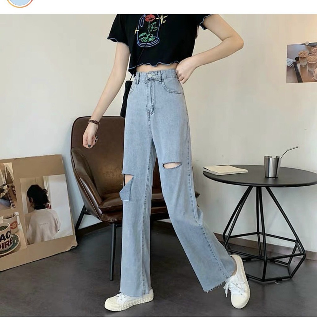 Quần jeans suông rách gối cạp cao đủ size S-M-L